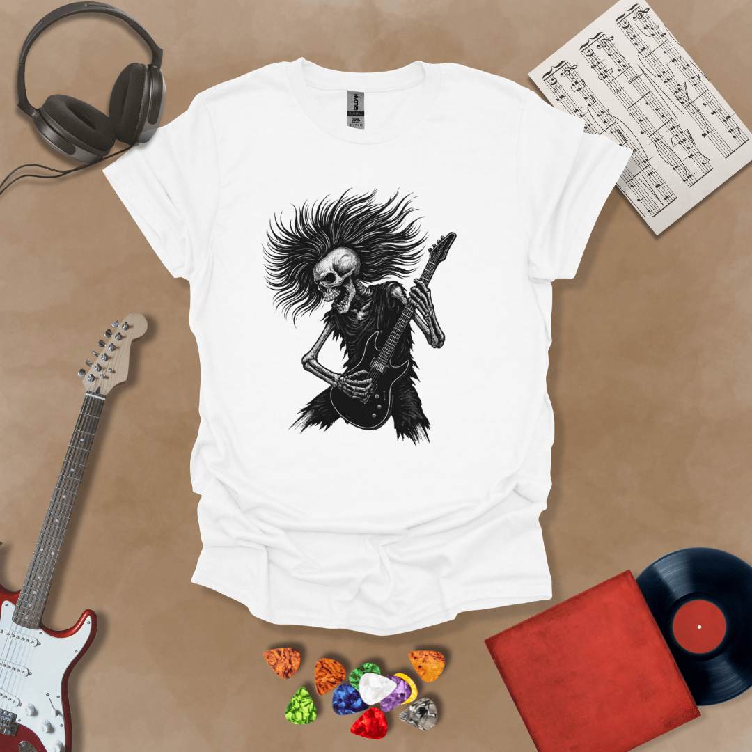 Skeleton with long hair playing guitar on a White shirt – hair metal rock t-shirt by Riff Junkie