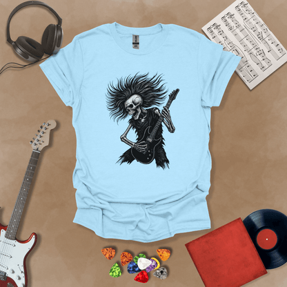 Skeleton with long hair playing guitar on a Light Blue shirt – hair metal rock t-shirt by Riff Junkie