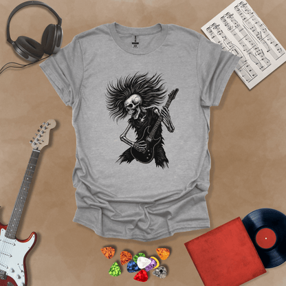 Skeleton with long hair playing guitar on a Gray shirt – hair metal rock t-shirt by Riff Junkie