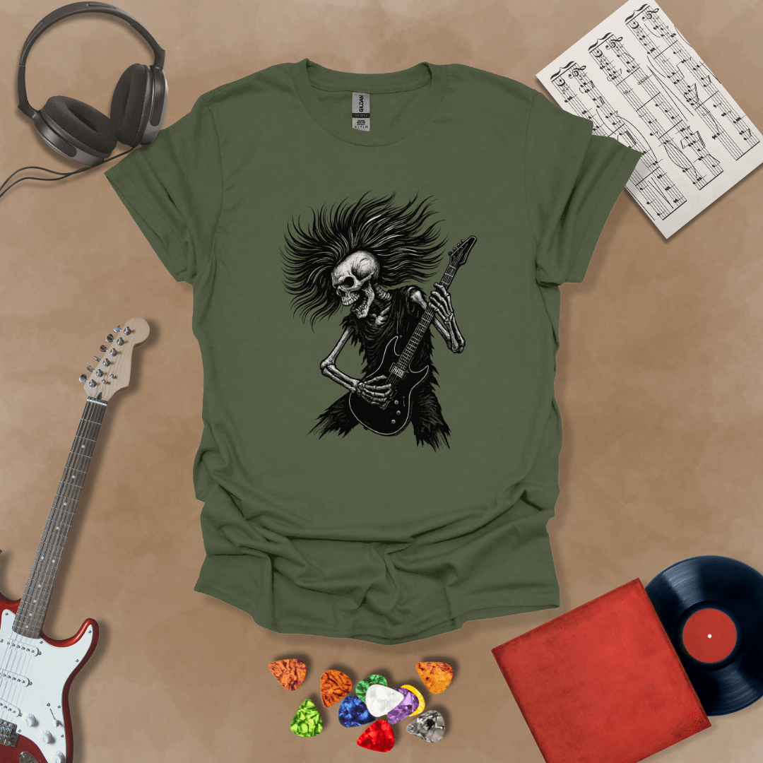 Skeleton with long hair playing guitar on a Green shirt – hair metal rock t-shirt by Riff Junkie