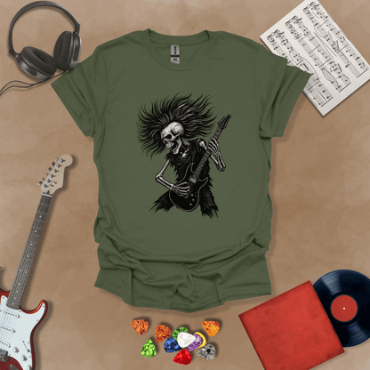 Skeleton with long hair playing guitar on a Green shirt – hair metal rock t-shirt by Riff Junkie