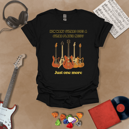 Funny Just One More guitar design on a black shirt – musician humor guitar t-shirt by Riff Junkie.”
