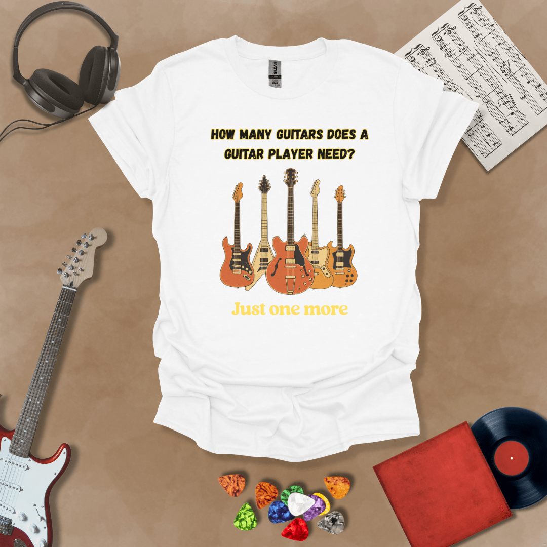 Funny Just One More guitar design on a White shirt – musician humor guitar t-shirt by Riff Junkie.”