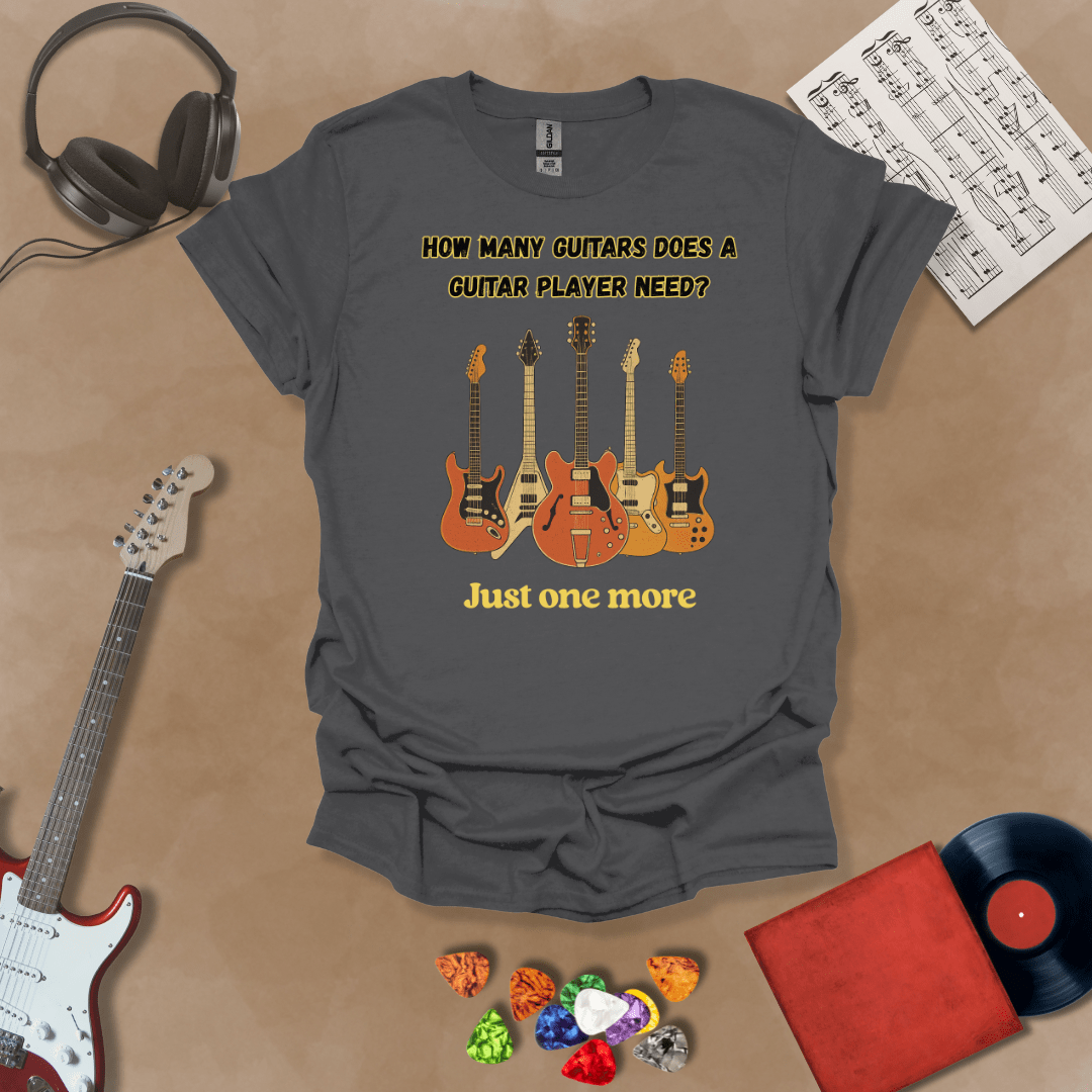 Funny Just One More guitar design on a gray shirt – musician humor guitar t-shirt by Riff Junkie.”