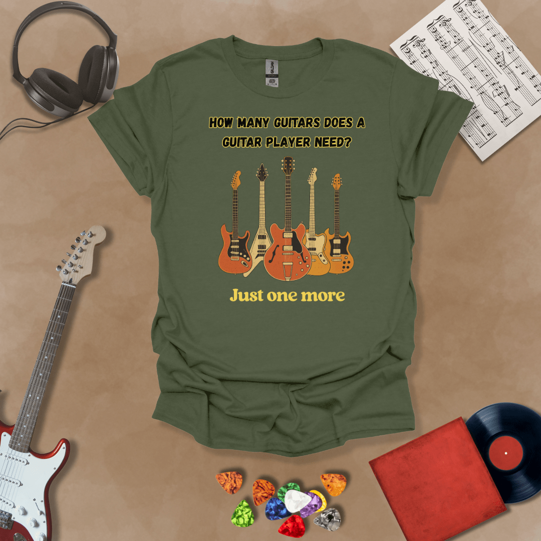 Funny Just One More guitar design on a Green shirt – musician humor guitar t-shirt by Riff Junkie.”