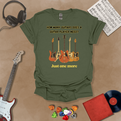 Funny Just One More guitar design on a Green shirt – musician humor guitar t-shirt by Riff Junkie.”