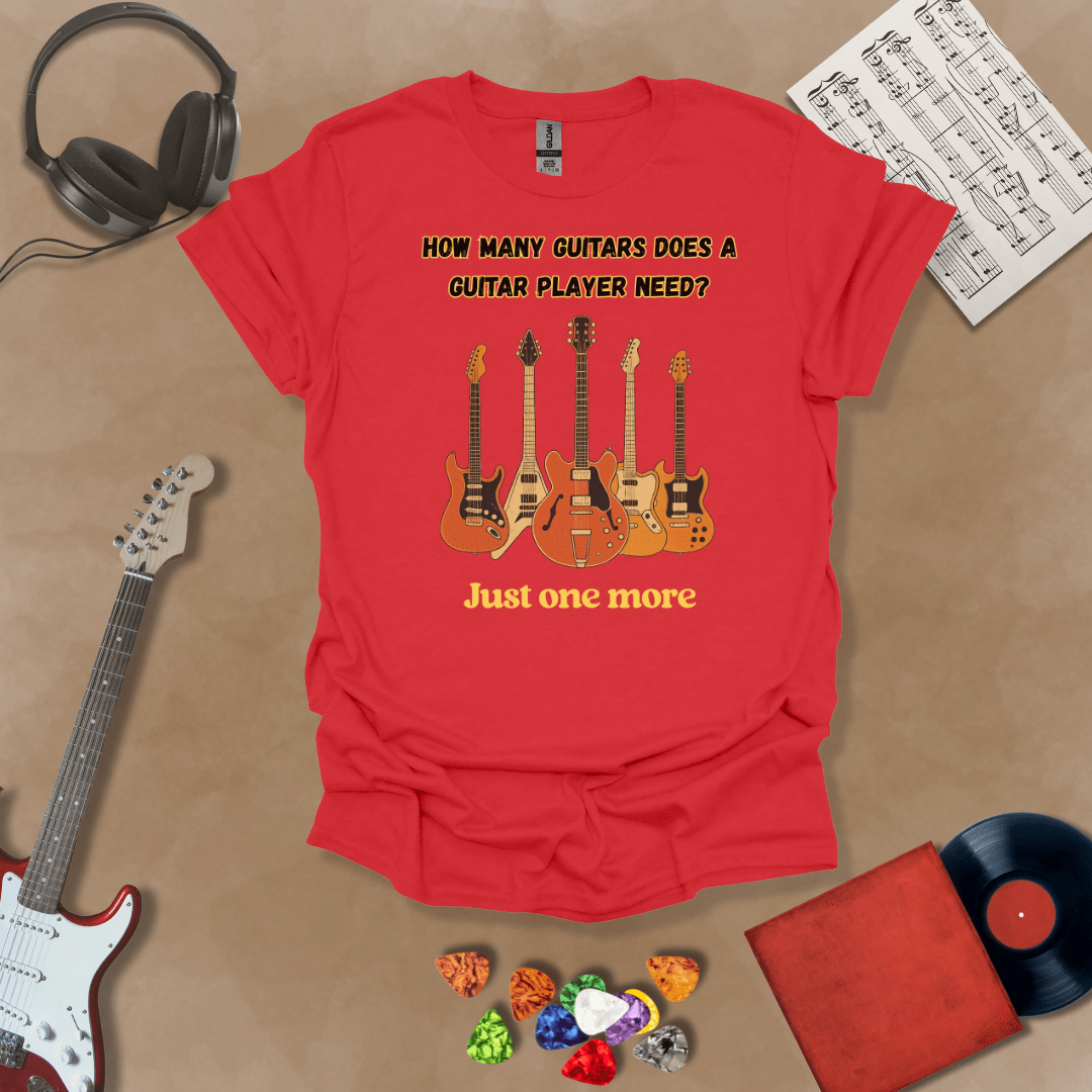 Funny Just One More guitar design on a Red shirt – musician humor guitar t-shirt by Riff Junkie.”