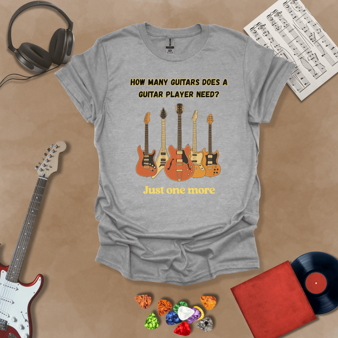 Funny Just One More guitar design on a Gray shirt – musician humor guitar t-shirt by Riff Junkie.”