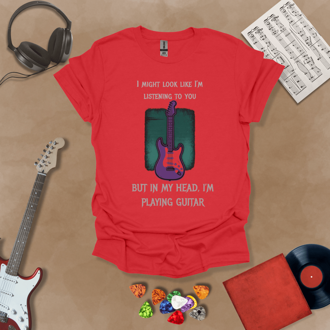 Purple electric guitar graphic with text about listening and playing guitar in head on Red shirt by Riff Junkie.