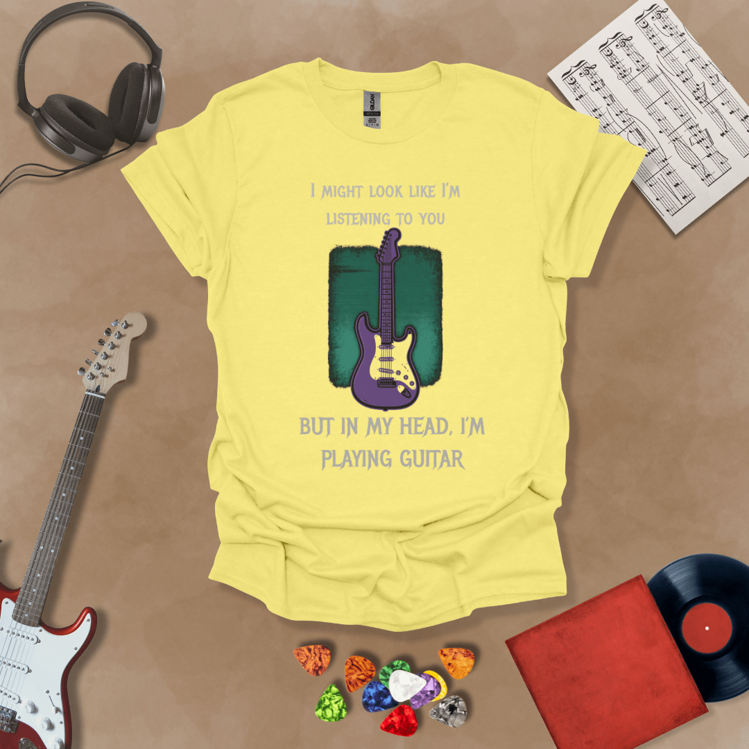 Vintage style guitar swirl on yellow shirt – psychedelic rock guitar t-shirt by Riff Junkie.