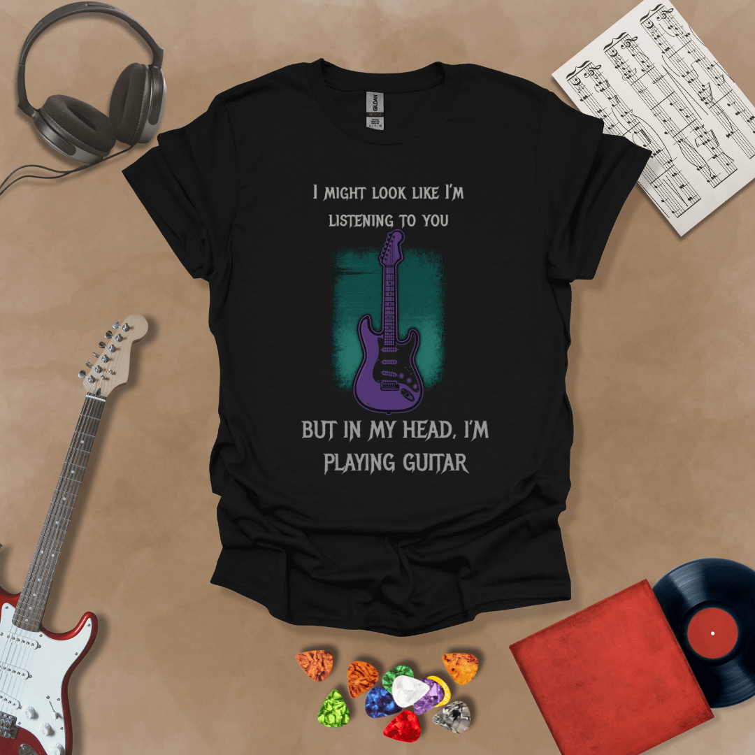 Vintage style guitar swirl on black shirt – psychedelic rock guitar t-shirt by Riff Junkie.