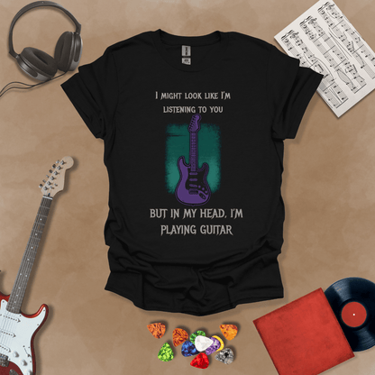 Vintage style guitar swirl on black shirt – psychedelic rock guitar t-shirt by Riff Junkie.