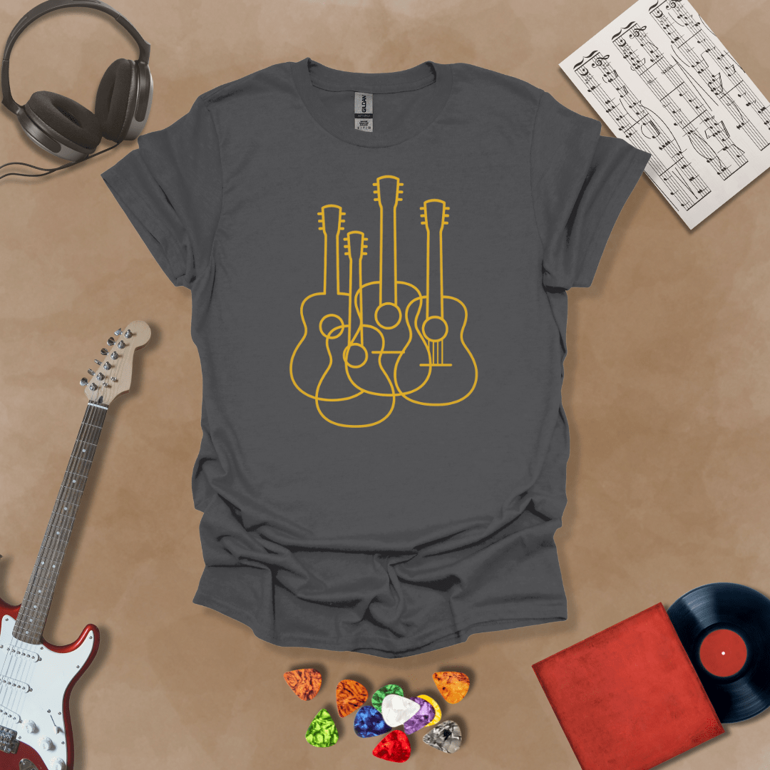 Gray t-shirt featuring a minimalist golden outline design of multiple guitars overlapping, modern line art style by Riff Junkie.