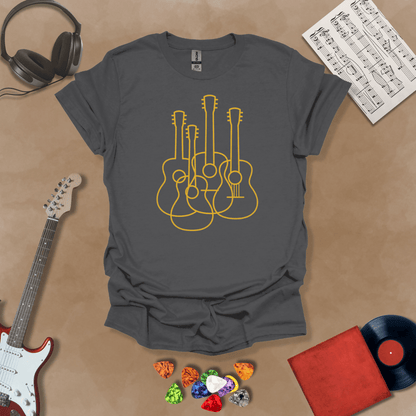 Gray t-shirt featuring a minimalist golden outline design of multiple guitars overlapping, modern line art style by Riff Junkie.