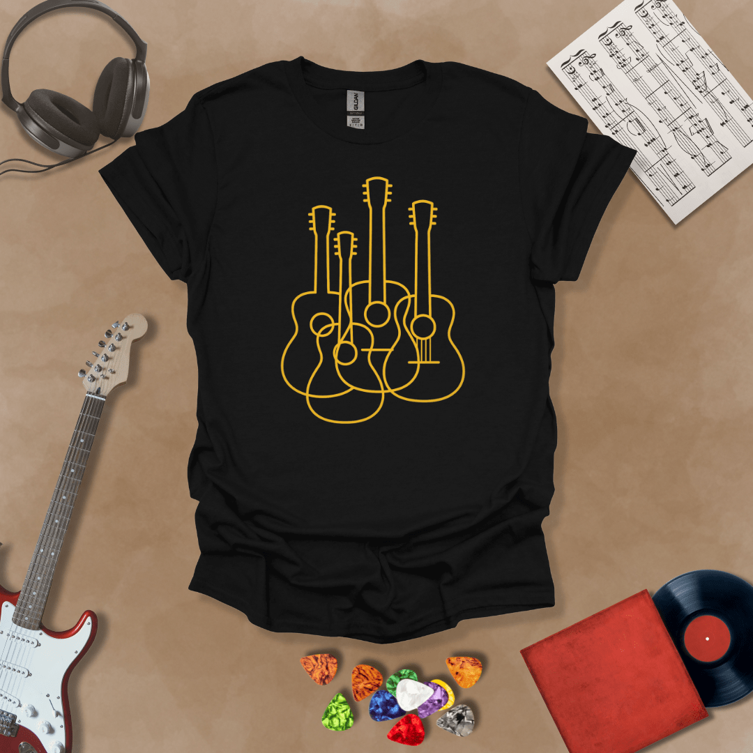 Black t-shirt featuring a minimalist golden outline design of multiple guitars overlapping, modern line art style by Riff Junkie.