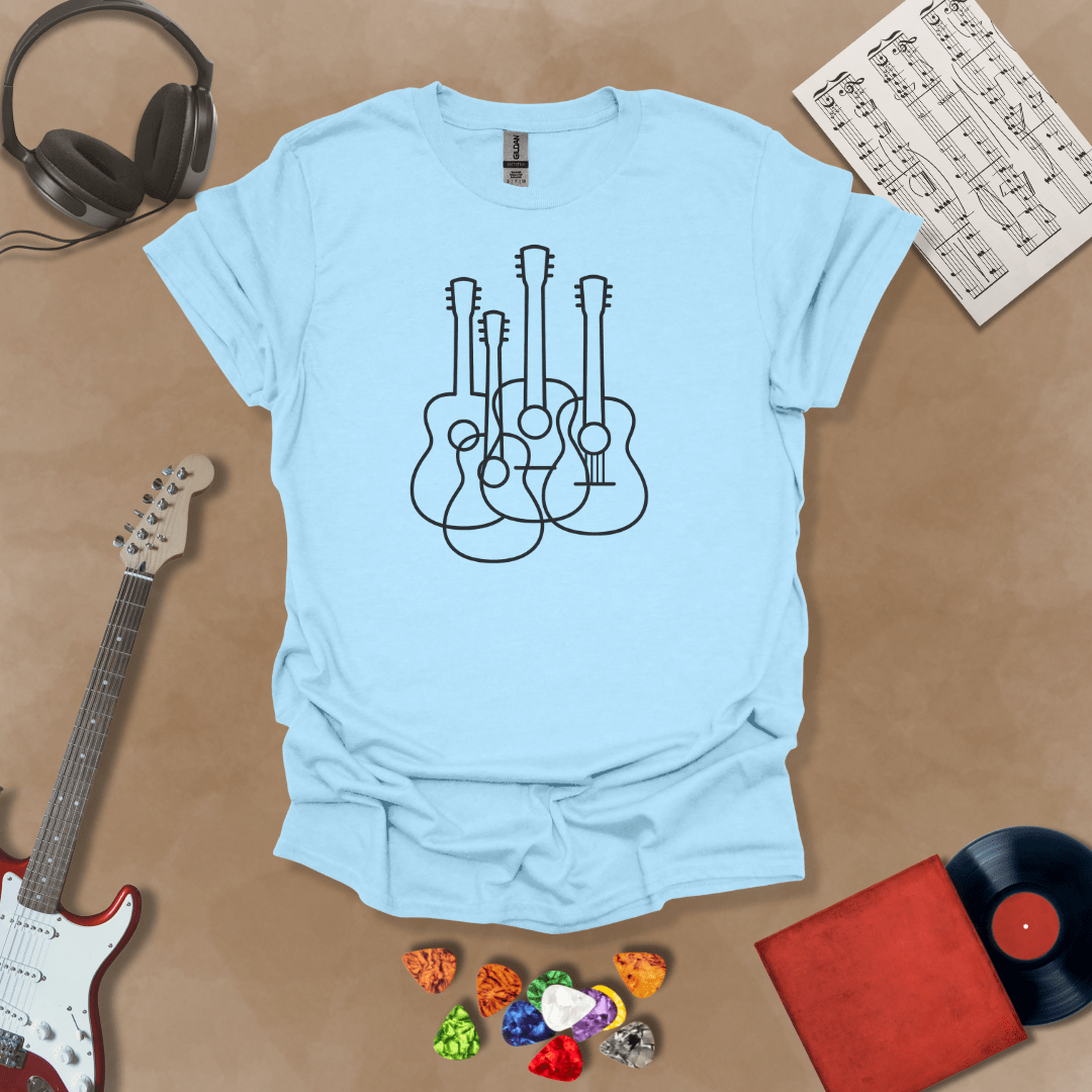 Light Blue t-shirt featuring a minimalist golden outline design of multiple guitars overlapping, modern line art style by Riff Junkie.