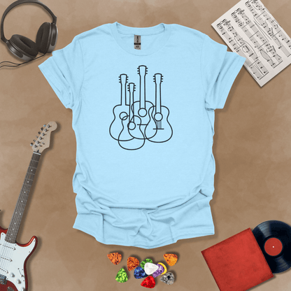 Light Blue t-shirt featuring a minimalist golden outline design of multiple guitars overlapping, modern line art style by Riff Junkie.
