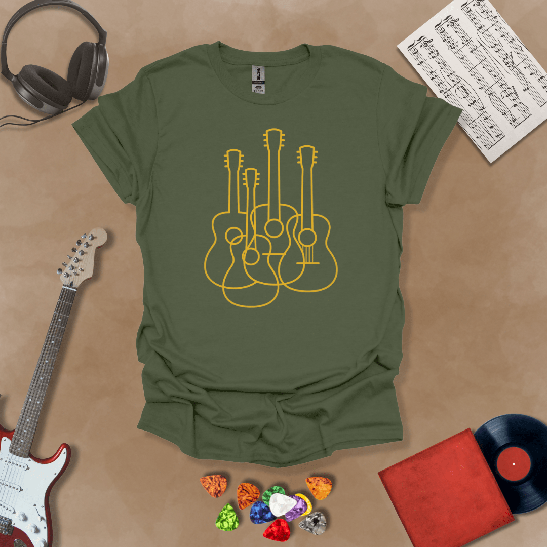 Green t-shirt featuring a minimalist golden outline design of multiple guitars overlapping, modern line art style Riff Junkie.