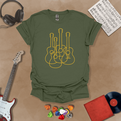 Green t-shirt featuring a minimalist golden outline design of multiple guitars overlapping, modern line art style Riff Junkie.