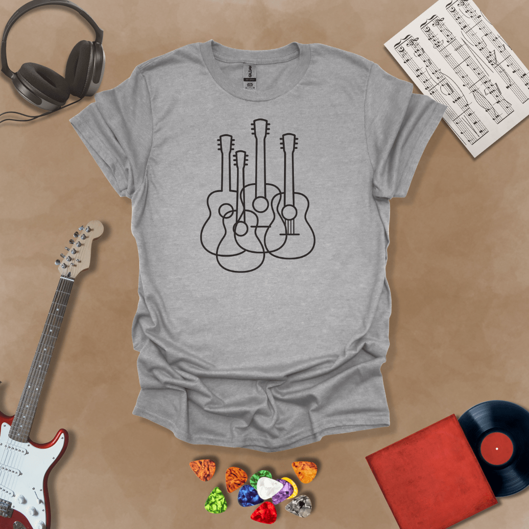 Gray t-shirt featuring a minimalist black outline design of multiple guitars overlapping, modern line art style by Riff Junkie.