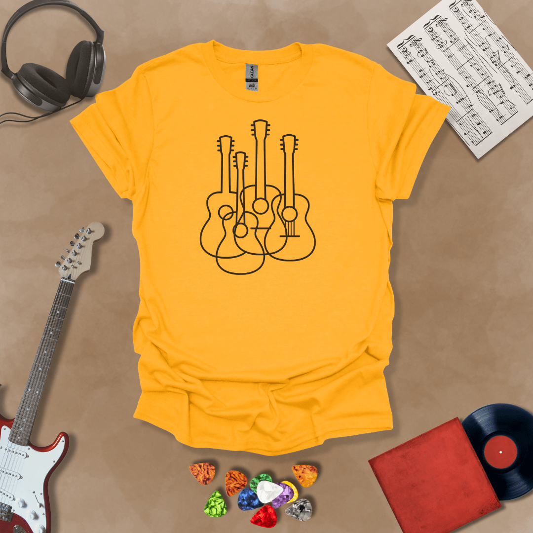 Yellow t-shirt featuring a minimalist golden outline design of multiple guitars overlapping, modern line art style by Riff Junkie.