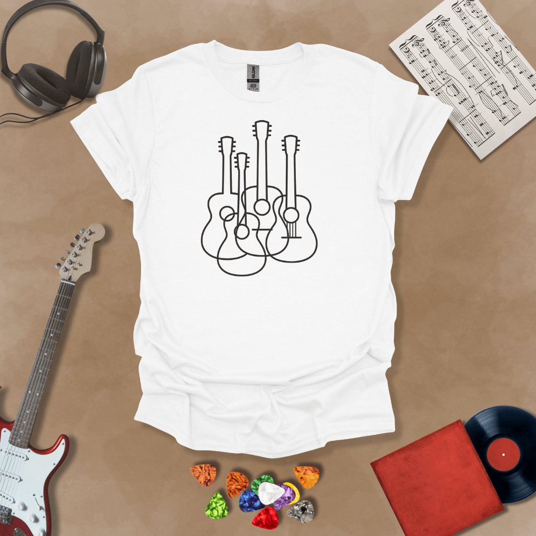 White t-shirt featuring a minimalist black outline design of multiple guitars overlapping, modern line art style by Riff Junkie.