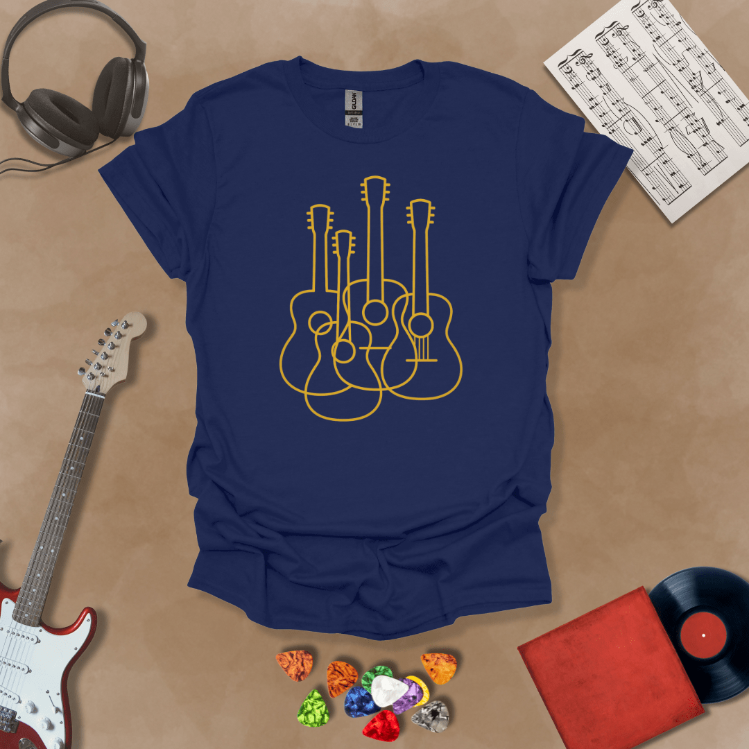 Navy t-shirt featuring a minimalist golden outline design of multiple guitars overlapping, modern line art style by Riff Junkie.