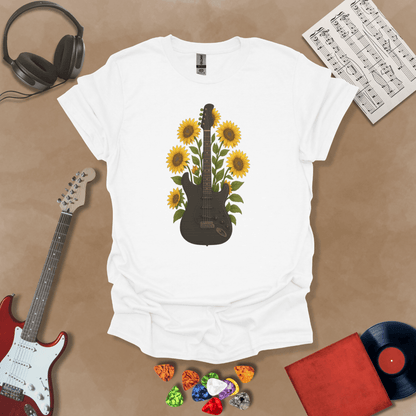 Black electric guitar surrounded by bright yellow sunflowers graphic White t-shirt by Riff Junkie.