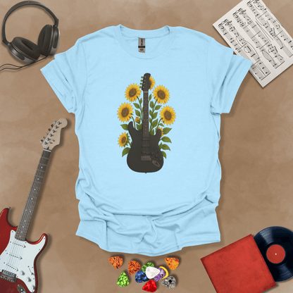 Black electric guitar surrounded by bright yellow sunflowers graphic Light Blue t-shirt by Riff Junkie.