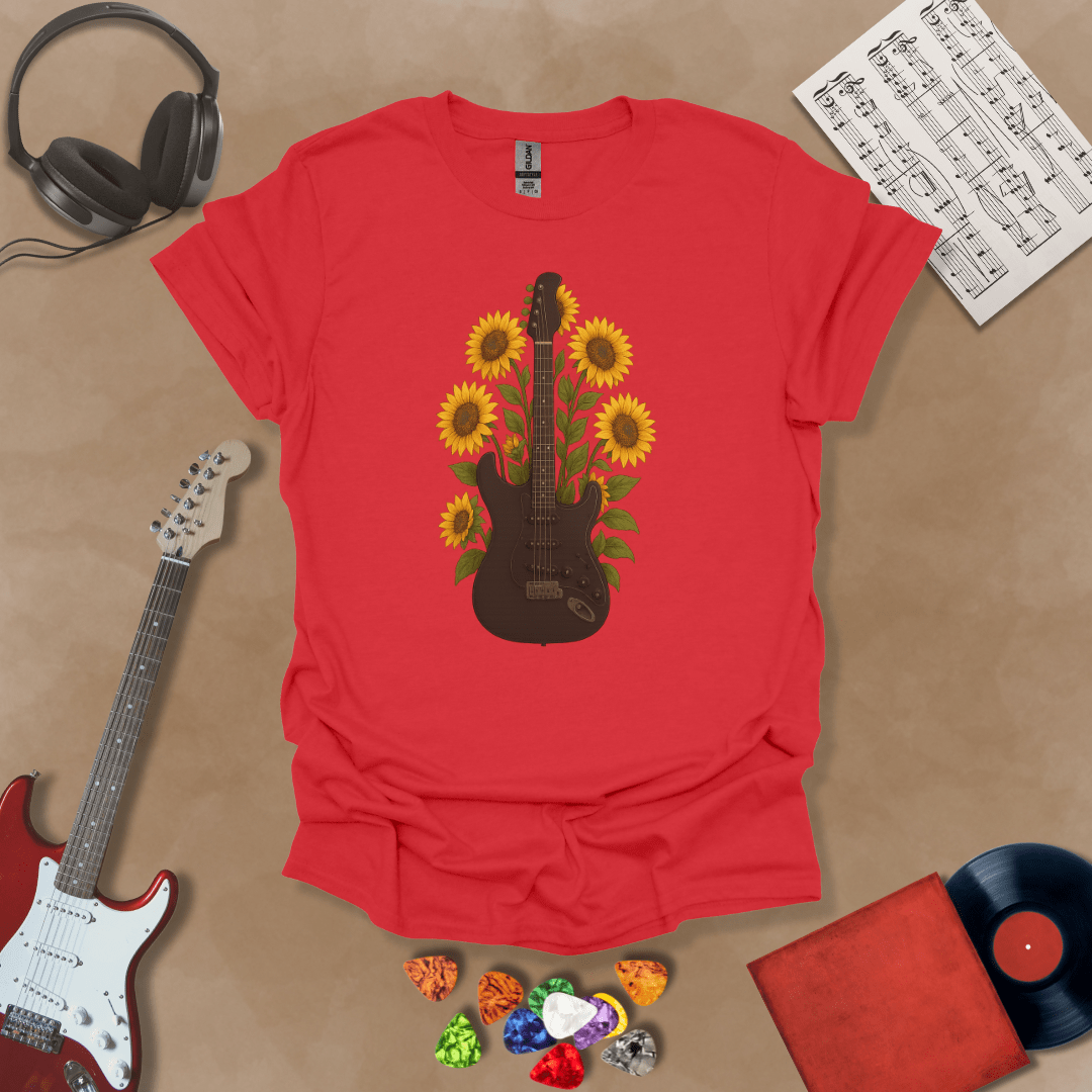Black electric guitar surrounded by bright yellow sunflowers graphic Red t-shirt by Riff Junkie.