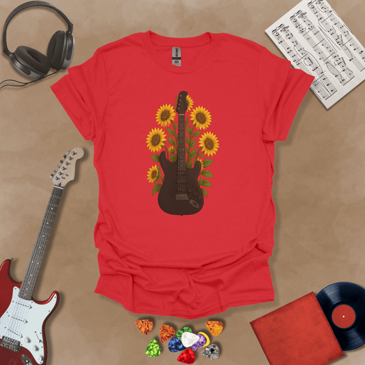 Black electric guitar surrounded by bright yellow sunflowers graphic Red t-shirt by Riff Junkie.