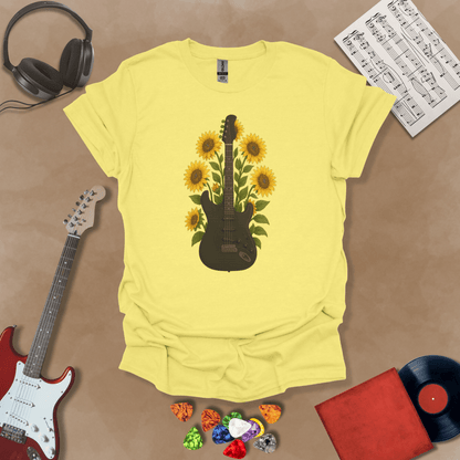 Black electric guitar surrounded by bright yellow sunflowers graphic Yellow t-shirt by Riff Junkie.