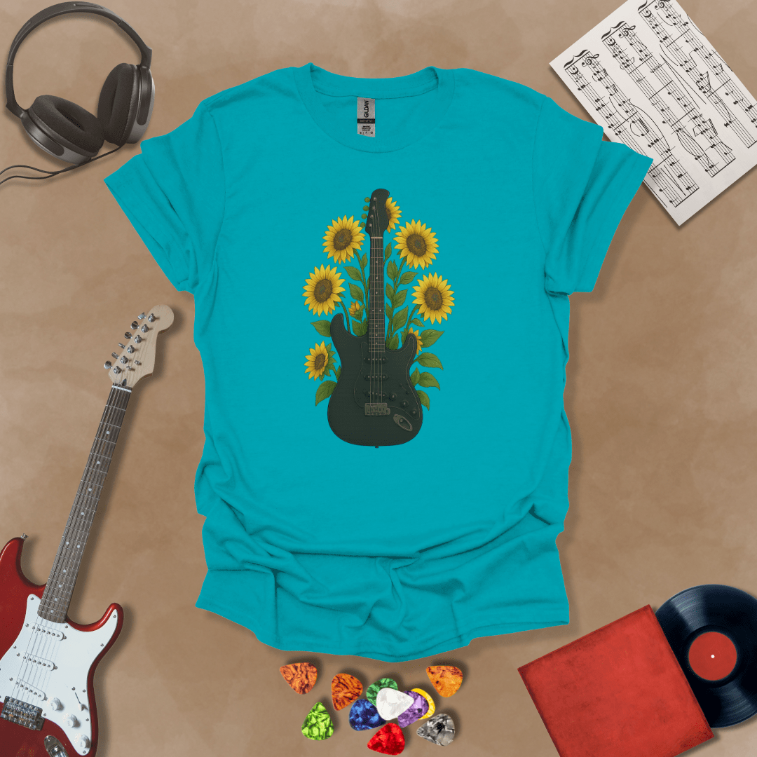 Black electric guitar surrounded by bright yellow sunflowers graphic blue t-shirt by Riff Junkie.