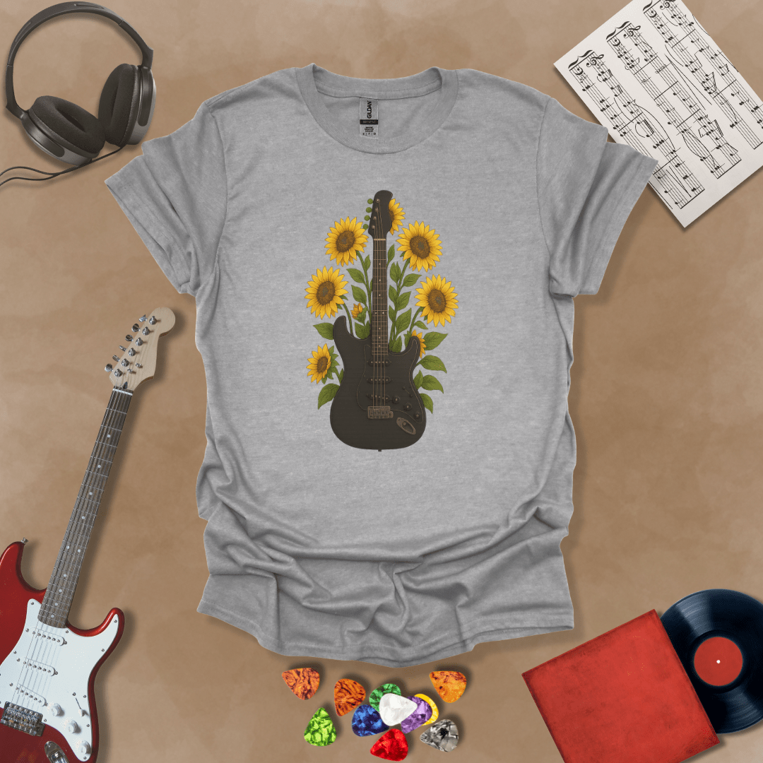 Black electric guitar surrounded by bright yellow sunflowers graphic Gray t-shirt by Riff Junkie.