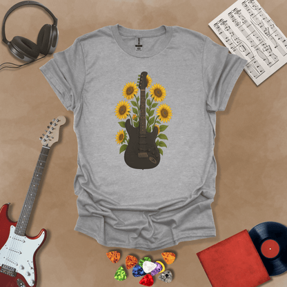 Black electric guitar surrounded by bright yellow sunflowers graphic Gray t-shirt by Riff Junkie.
