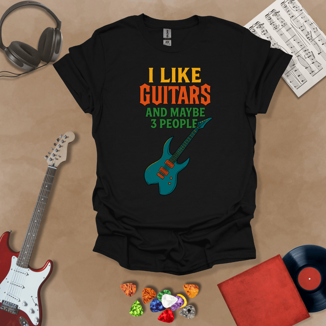Black t-shirt with Funny text t-shirt 'I like guitars and maybe 3 people' with electric guitar graphic