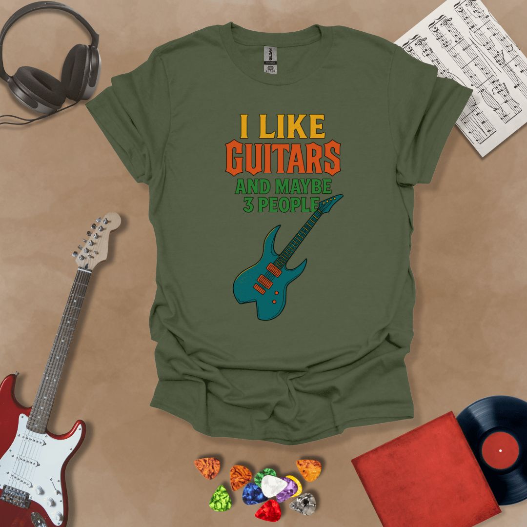 Green t-shirt with Funny text t-shirt 'I like guitars and maybe 3 people' with electric guitar graphic