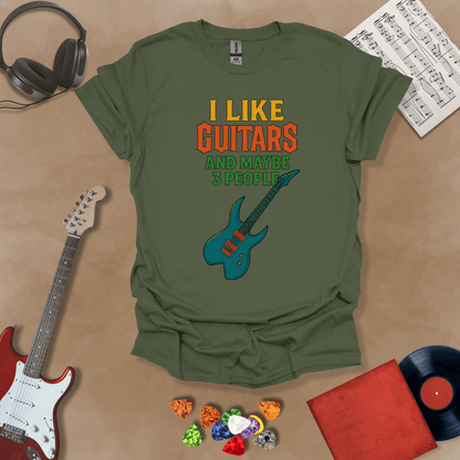 Green t-shirt with Funny text t-shirt 'I like guitars and maybe 3 people' with electric guitar graphic