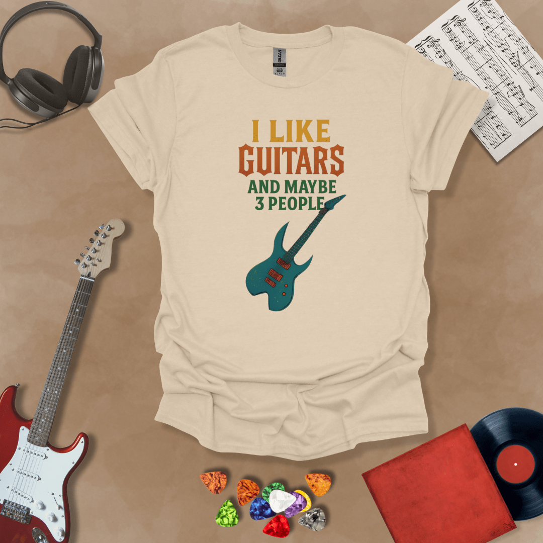 beige  t-shirt with Funny text t-shirt 'I like guitars and maybe 3 people' with electric guitar graphic