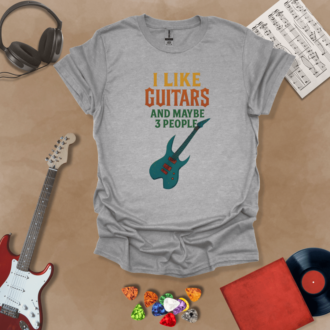 Gray t-shirt with Funny text t-shirt 'I like guitars and maybe 3 people' with electric guitar graphic