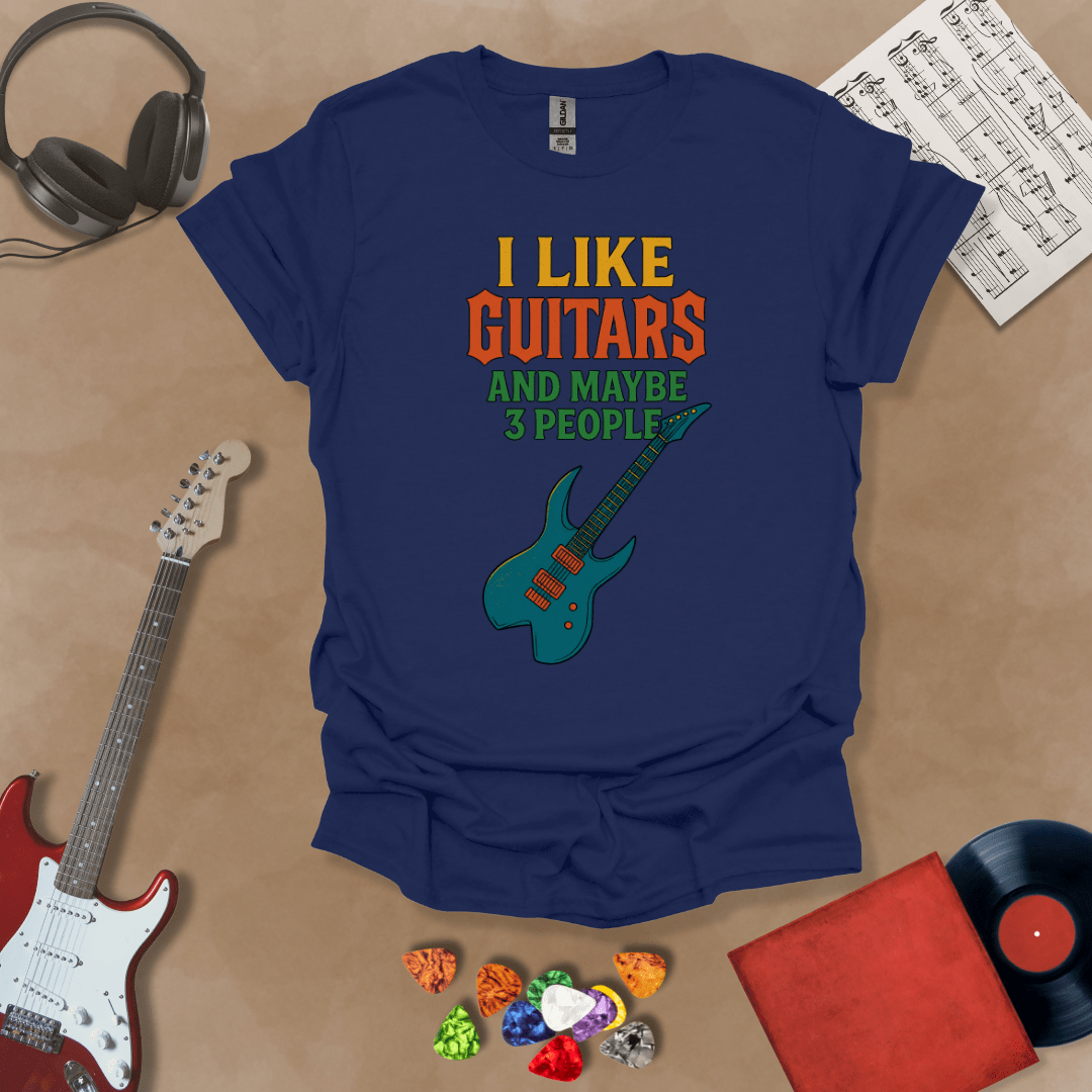 Navy t-shirt with Funny text t-shirt 'I like guitars and maybe 3 people' with electric guitar graphic