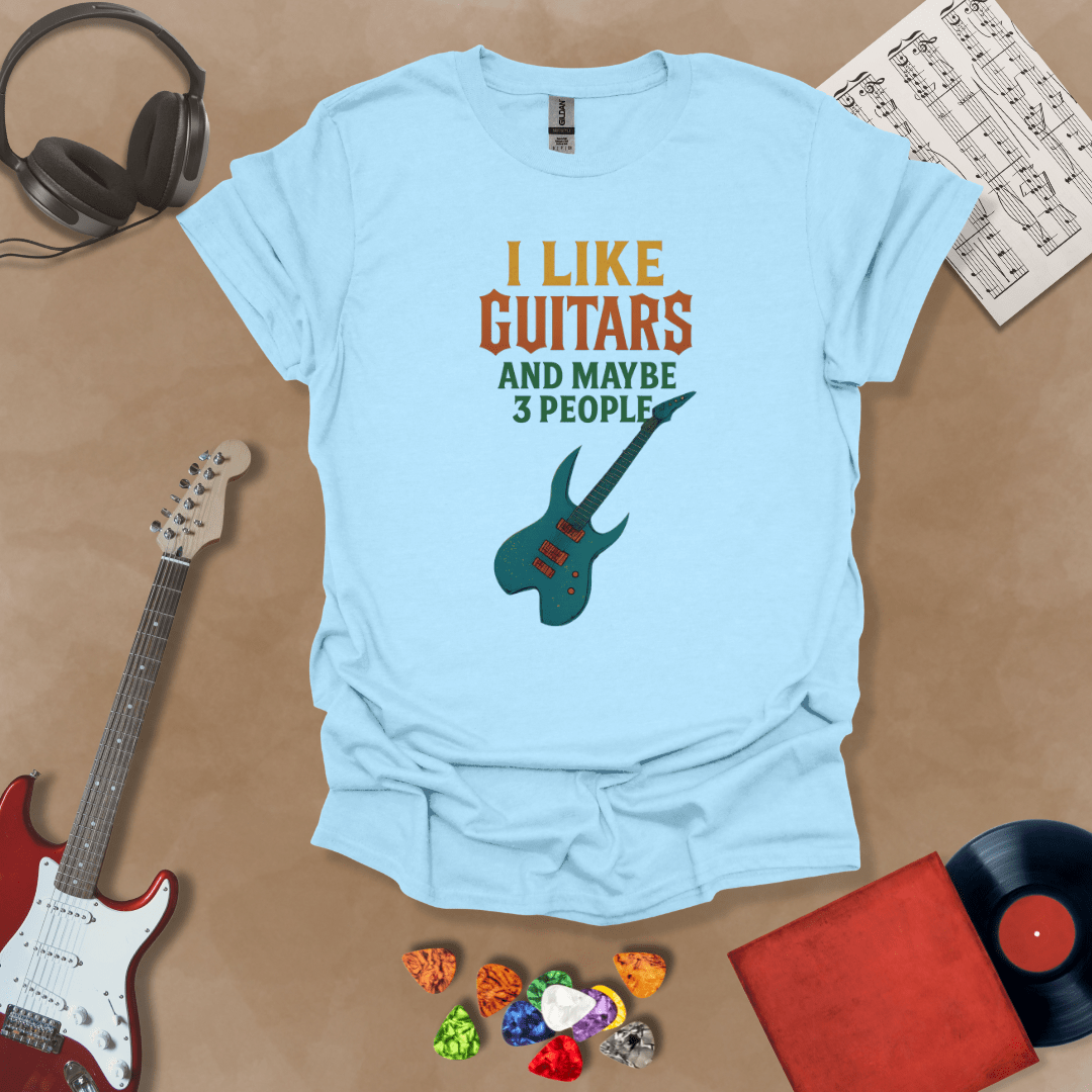 Blue t-shirt with Funny text t-shirt 'I like guitars and maybe 3 people' with electric guitar graphic