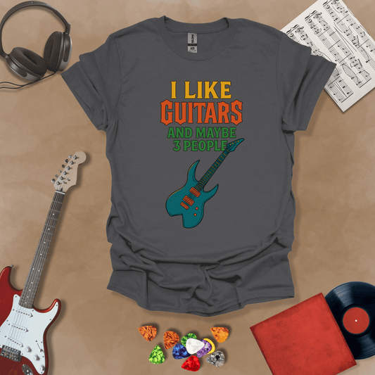 Gray t-shirt with Funny text t-shirt 'I like guitars and maybe 3 people' with electric guitar graphic