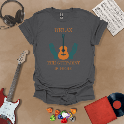 Gray t-shirt with Acoustic guitar with hands and text 'Relax the guitarist is here'