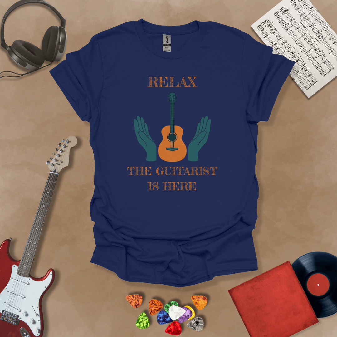 Navy t-shirt with Acoustic guitar with hands and text 'Relax the guitarist is here'