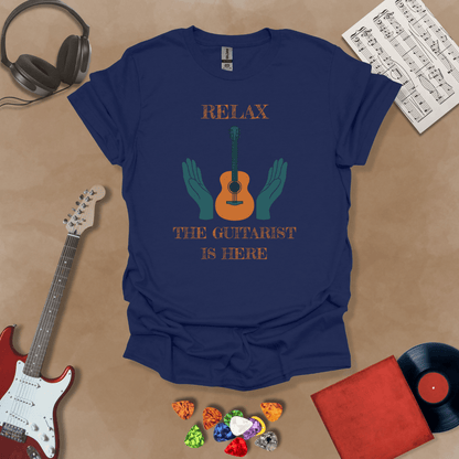 Navy t-shirt with Acoustic guitar with hands and text 'Relax the guitarist is here'
