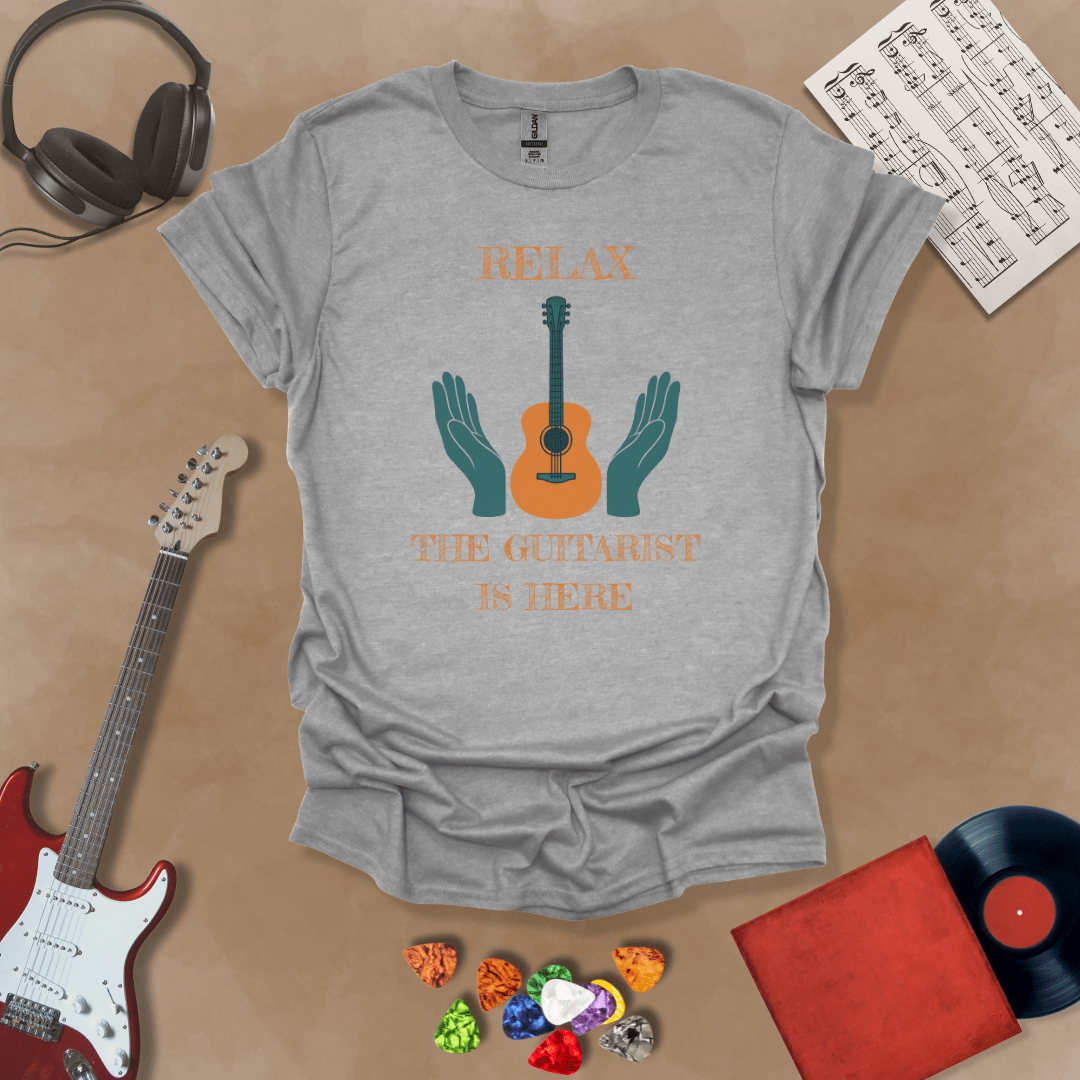 Gray t-shirt with Acoustic guitar with hands and text 'Relax the guitarist is here'