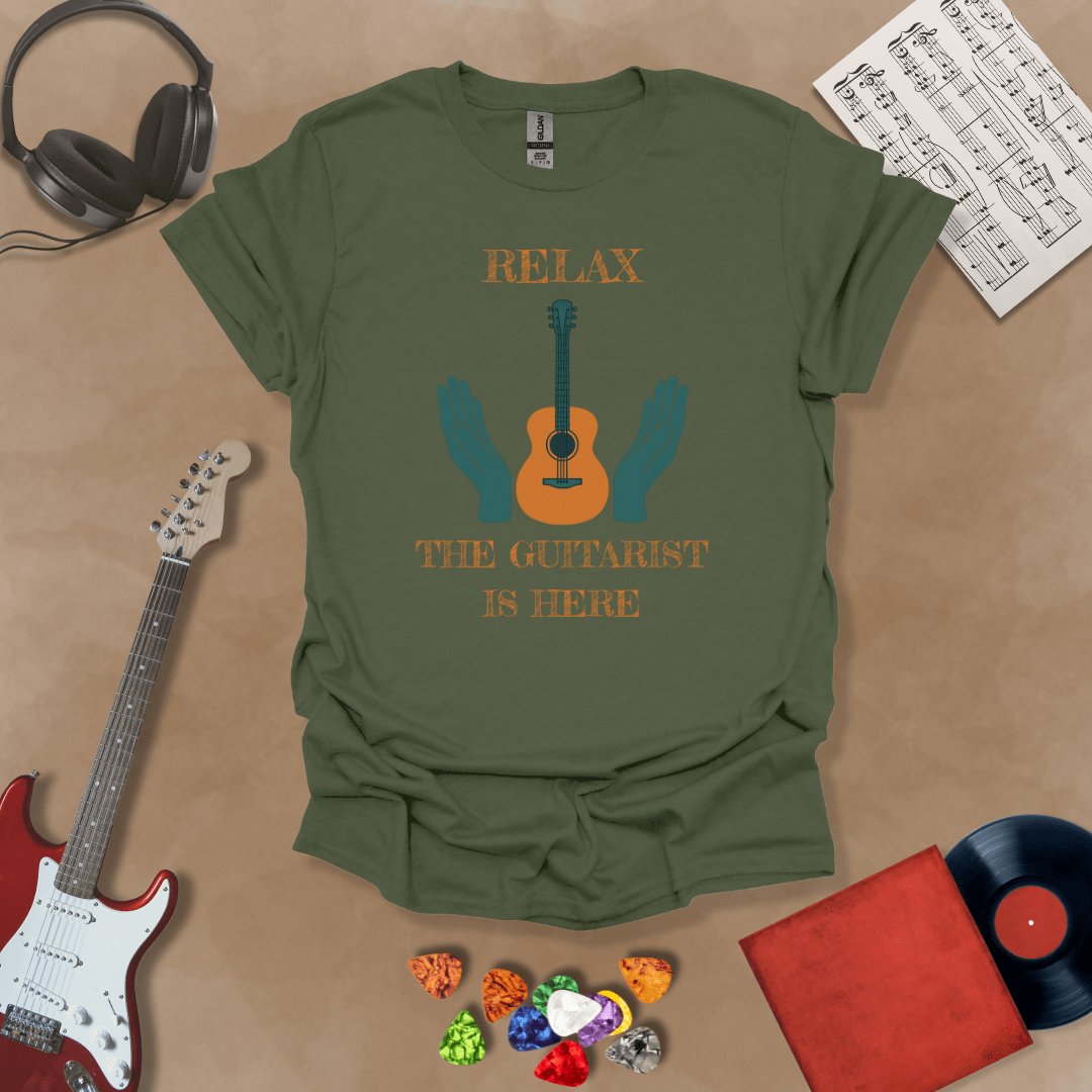 Green t-shirt with Acoustic guitar with hands and text 'Relax the guitarist is here'