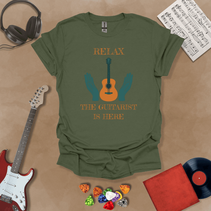 Green t-shirt with Acoustic guitar with hands and text 'Relax the guitarist is here'