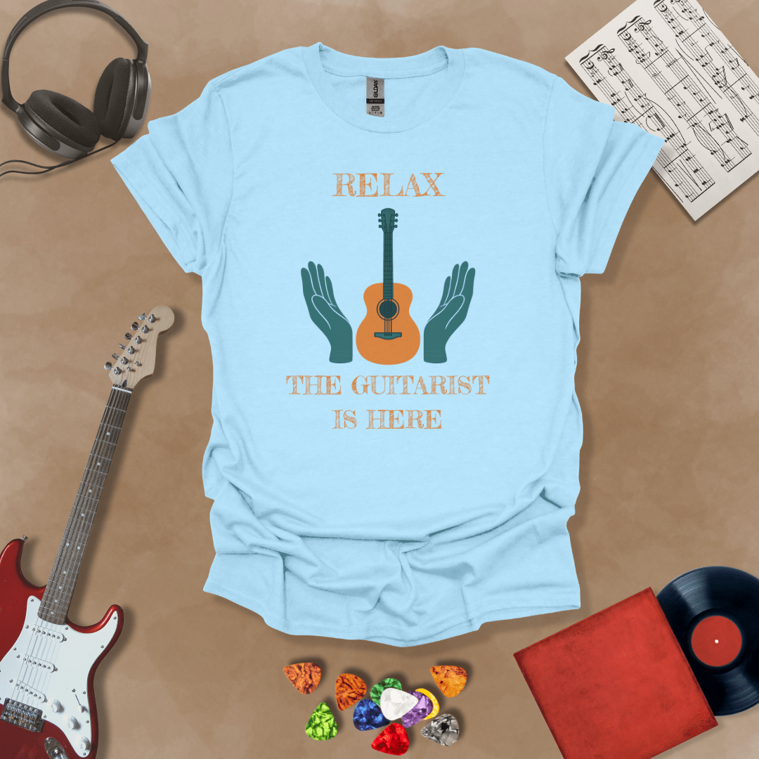 Blue t-shirt with Acoustic guitar with hands and text 'Relax the guitarist is here'